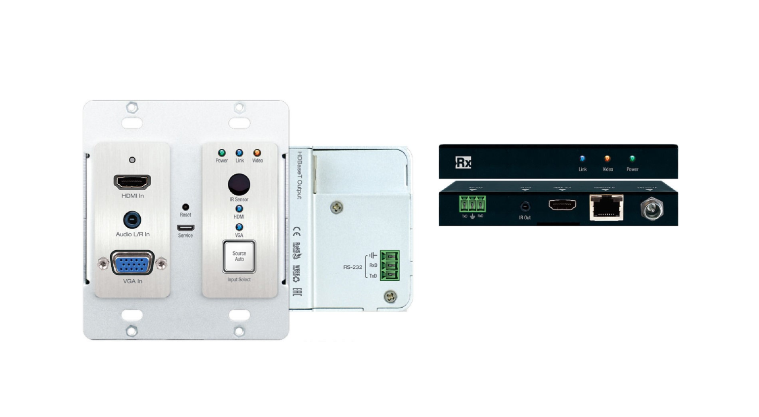 Ścienne przyłącze Key Digital z gniazdami HDMI i VGA oraz odbiornik HDBaseT