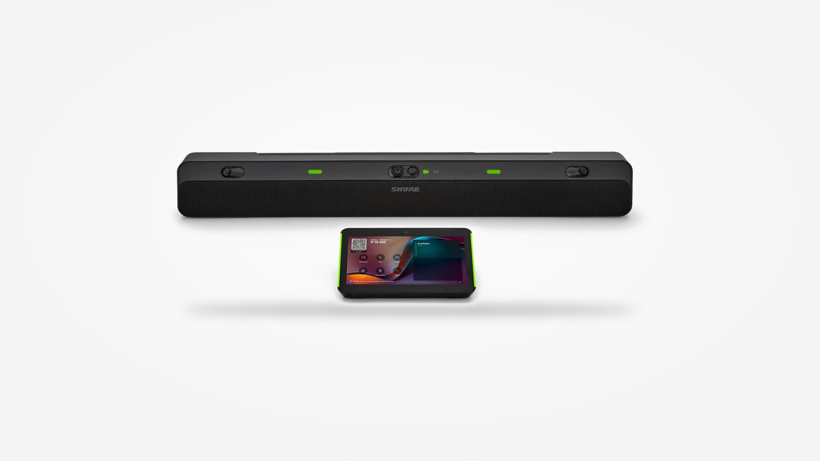 Wideobar Shure IntelliMix Bar Pro z czterema kamerami i zielonymi wskaźnikami LED oraz panel dotykowy z ekranem Microsoft Teams Rooms