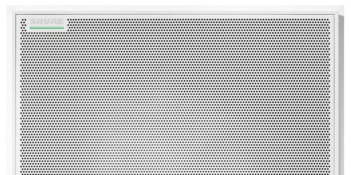 Panel czołowy sufitowego mikrofonu matrycowego Shure MXA925 z logo i wskaźnikiem LED