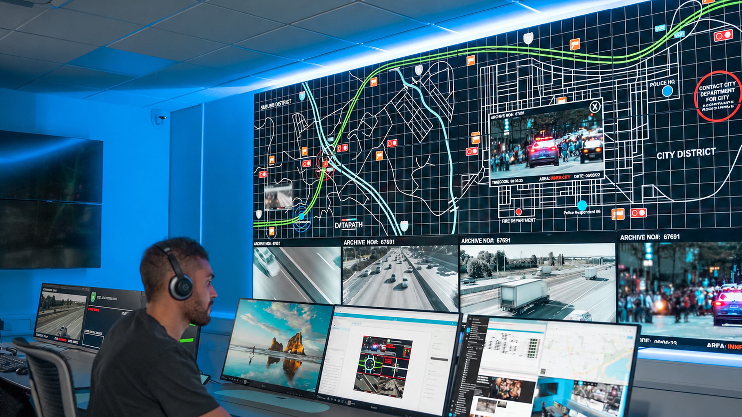 Operator in headphones at a console with three displays in front of a seamless LED video wall showing a city map and camera feeds