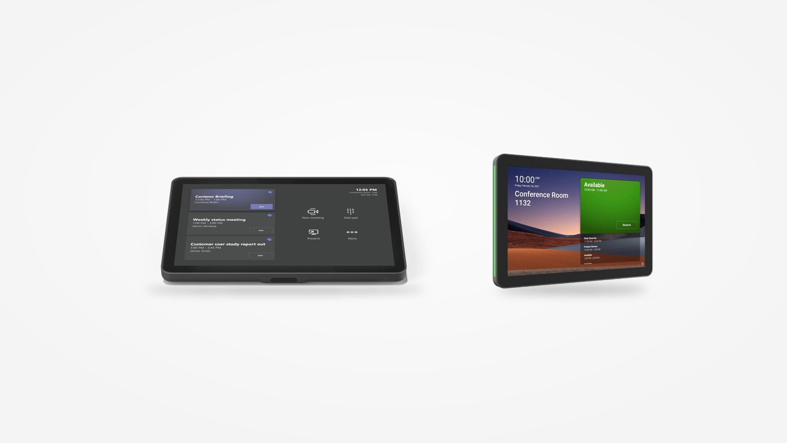 Kontroler dotykowy Logitech Tap z listą zaplanowanych spotkań oraz panel rezerwacji Logitech Tap Scheduler z nazwą sali i zielonym polem „Available”