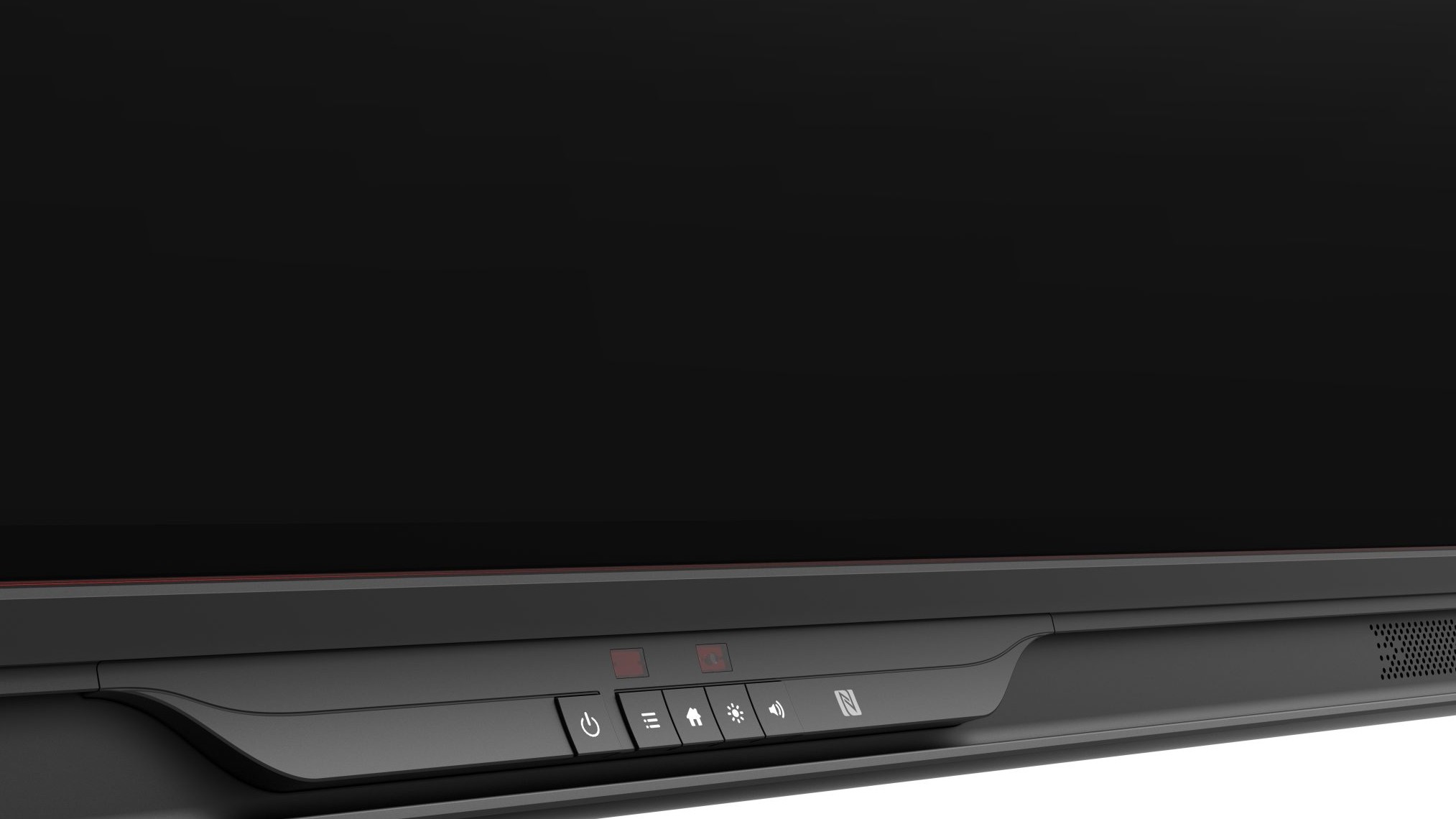 Dolna listwa monitora Newline Elara Elite z przyciskami sterowania i symbolem czytnika NFC