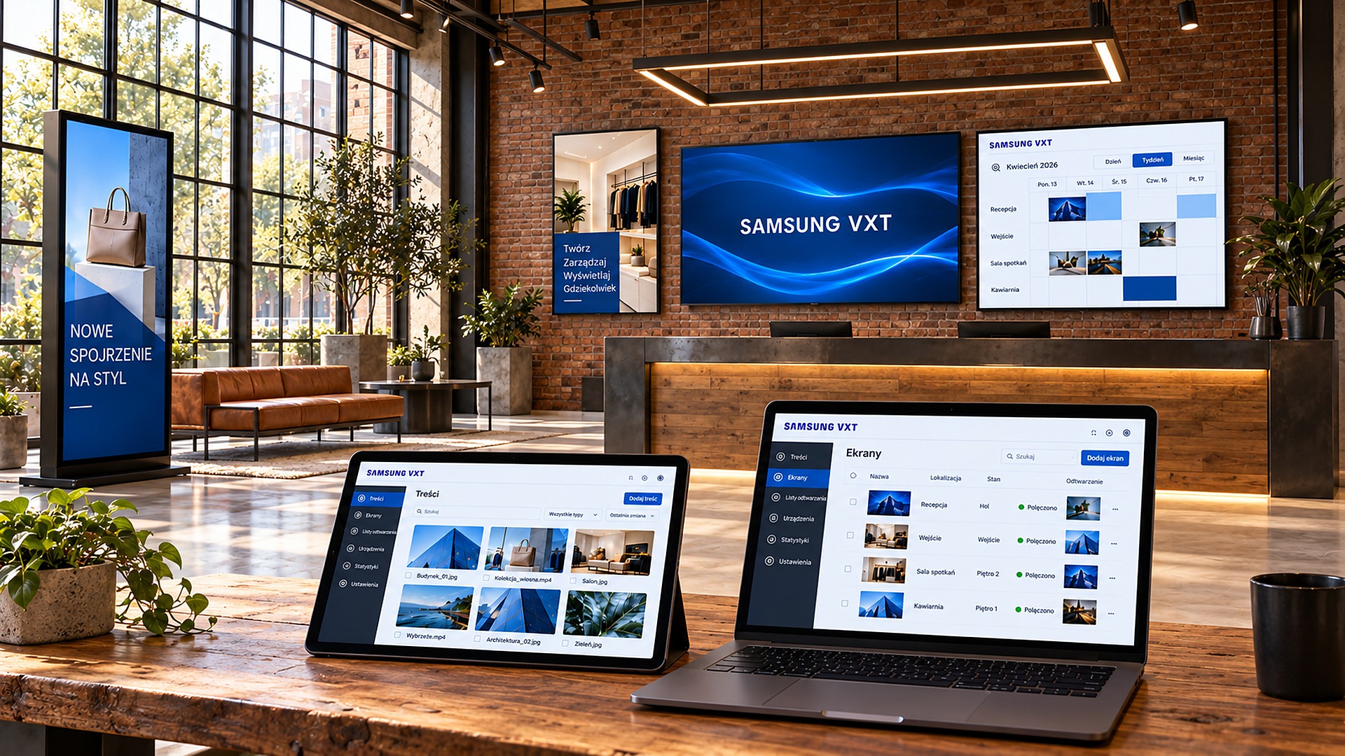 Lobby w stylu loftu z ekranami Samsung VXT na ceglanej ścianie i pionowym totemem przy oknie, na drewnianym stole tablet i laptop z panelem Samsung VXT