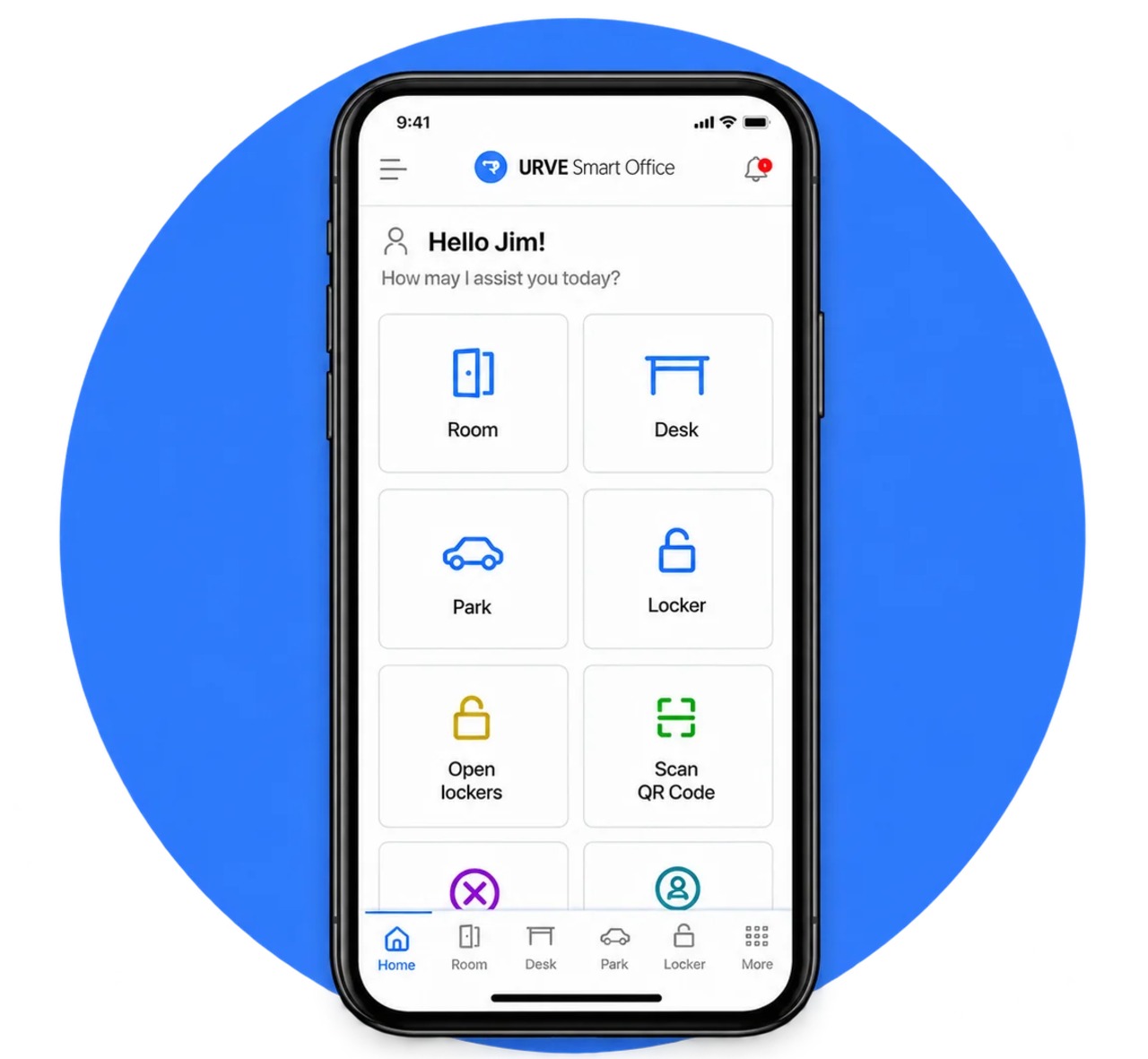 Aplikacja mobilna URVE Smart Office z modułami rezerwacji biurek, sal, parkingu i szafek
