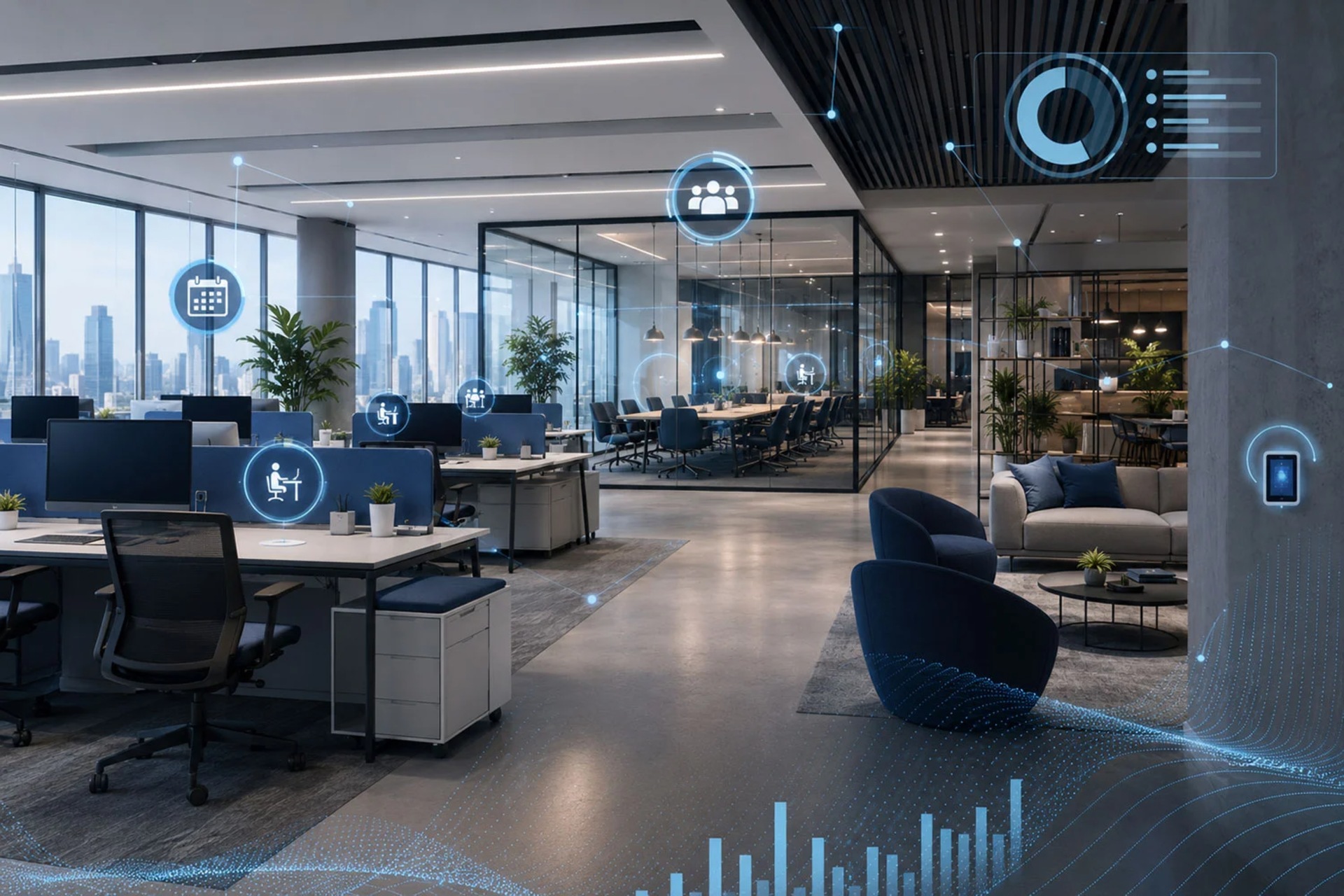Modern open-plan office with a desk area, a meeting room and a lounge area – URVE Smart Office visualisation